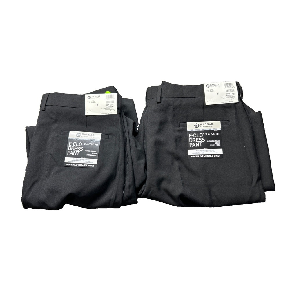 Haggar E-Clo Dress Pants 2 Pack Mens 38x34 Black Classic Fit Flat Front